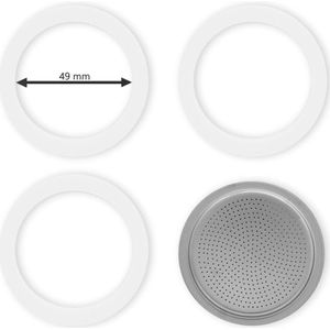 Bialetti - Set Filterplaatje aluminium (49mm) - Voor de Bialetti Moka Express en Moka Induction, 3 en 4 Kops - Inclusief 3 Rubberen Ringen (binnenmaat ring 49mm)