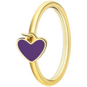 Lucardi Kinder Stalen goldplated ring met hart emaille violet - Ring - Staal - Goudkleurig - 14 / 44 mm