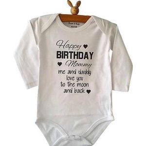 Baby Rompertje unisex Happy Birthday mommy Gefeliciteerd mama | Lange mouw | wit | maat 62/68