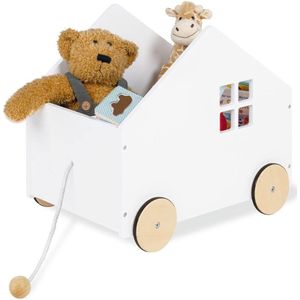 Huisvormige houten speelgoedkist met trekkoord en rubberen houten wielen, vanaf 3 jaar, Wit