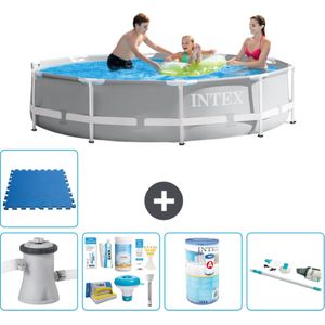 Intex Rond Prism Frame Zwembad - 305 x 76 cm - Grijs - Inclusief Pomp Onderhoudspakket - Filter - Stofzuiger - Vloertegels