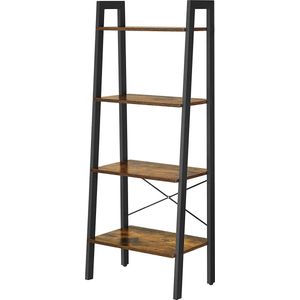 Berkatmarkt - Plank, boekenkast met 4 niveaus, ladderrek, staand rek, voor woonkamer, slaapkamer, keuken, thuiskantoor, industrieel design, stalen frame, vintage bruin-zwart LLS44X