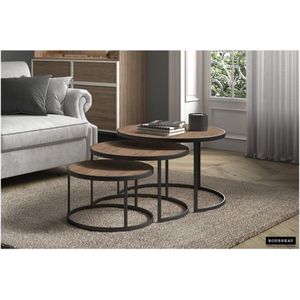 Salontafel 'Lennox' 3-delig Mangolia, Structuur metaal, blad exotisch hout mangolia