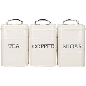 Nostalgia Set van 3 voorraaddozen voor thee, suiker en koffie, in geschenkdoos, staal, antieke crème, 11 cm x 11 cm x 17 cm