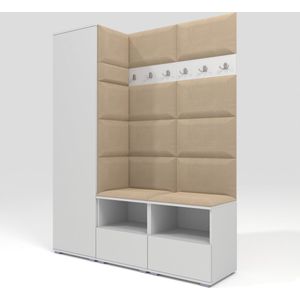 Halkast - Schoenenkast - Hanger - Planken - 3 in 1 - Kleur Wit + gestoffeerde panelen - Materiaal fluweel