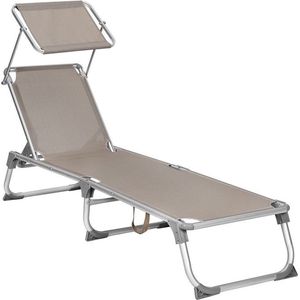 Sun Lounger - Outdoor Sun Lounger - Opvouwbare Sun Lounger - Verstelbare Sun Lounger - Garden Sun Lounger - Met Hoofdsteun En Zonnekap - Taupe - 55 x 193 x 31 cm