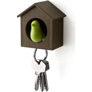 Vogelhuisje sleutelhanger - Bruin huisje met Groene vogel