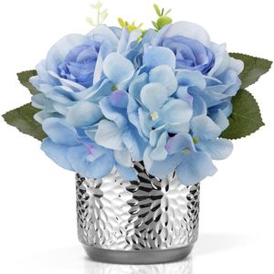 Kunstbloemen zijde in pot, blauwe kunstroos zijde hortensia kunstbloemen met pot, namaakbloemstukken in keramische pot, realistische bloem zijde voor woonkamer kantoor decoratie tafel keuken