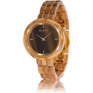 HOT&TOT | Avalon - Houten horloge voor dames - 36mm - Olijfhout - Tijgeroog steen - Goud