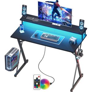 Hoekbureau Gaming Stopcontacten LED 120x50cm Ergonomisch Computer Bureau - Grote Monitorstandaard Hoofdtelefoonhaak - Moderne X Frame Tafel Werkstation - Studie Speel Werk Slaapkamer Thuis Kantoor Hoekbureau