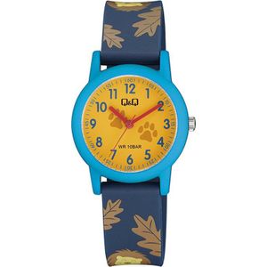 Q&Q V23A-004VY - Horloge - Sport - Analoog - Kinderen - Unisex - Plastic band - Rond - Kunststof - Cijfers - Leeuw - Blauw - DonkerBlauw - Geel - 10 ATM