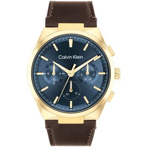 Calvin Klein CK25200445 DISTINGUISH Heren Horloge - Mineraalglas - Staal/Leer - Bruin/Goudkleurig - 44 mm breed - Quartz - Gesp - 3 ATM (spatwater)