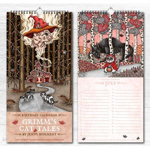 Sprookjes Kalender Gebroeders Grimm - Kat Verjaardagskalender - Grimm's Cat Tales Calendar - Katten en Poezen Illustraties - Fantasy Decoratie - Housewarming Cadeau -  Sprookje Doornroosje en Roodkapje als Poes - Uniek Nederlands Design