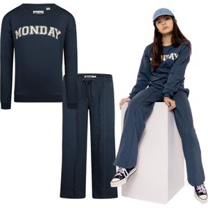 No Way Monday - Kledingset - 2delig - Meisjes - Trousers wide leg - Sweater dropped shoulder - Navy - Maat 140