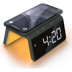 Caliber Digitale Wekker - Wekker met Draadloze Oplader - Wake Up Light - Digitale Klok - Dimbaar - Twee Alarmen - geschikt als kinderwekker - Nachtlamp - Kleur Groen (HCG019QI-MG)