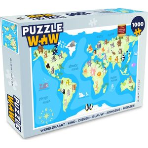 Puzzel Wereldkaart - Kind - Dieren - Blauw - Jongens - Meisjes - Legpuzzel - Puzzel 1000 stukjes volwassenen