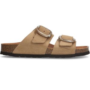 Manfield - Dames - Beige suède slippers met gesp - Maat 41