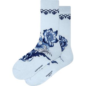 Kunst Sokken - Delfts Blauw Bloemen - Maat 41-46 - Gekleurde Sokken van Biologisch Katoen - grappige sokken voor Heren en Dames - vrolijke sokken met Motief - Funny Socks