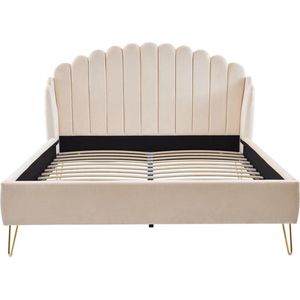 Vente-unique Bed van 160 x 200 cm met golvend hoofdbord - Fluweel - Beige - SAGALI L 178 cm x H 126 cm x D 213 cm