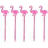 Cocktail/tapas prikkers - flamingo - 50x stuks - roze - kunststof - 8 cm