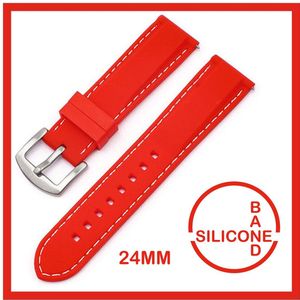 24mm Rubber Siliconen horlogeband Rood met witte stiksels passend op o.a Casio Seiko Citizen en alle andere merken - 24 mm Bandje - Horlogebandje horlogeband