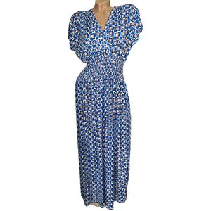 Dames maxi jurk met blokprint S/M Blauw/wit