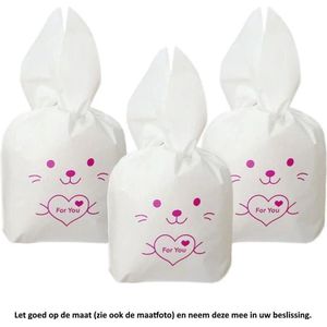 50x Uitdeelzakjes Wit - Roze Konijn 13 x 22 cm - Plastic Traktatie Kado Zakjes - Snoepzakjes - Koekzakjes - Koekje - Cookie Bags - Pasen - Kinderverjaardag - Feestje