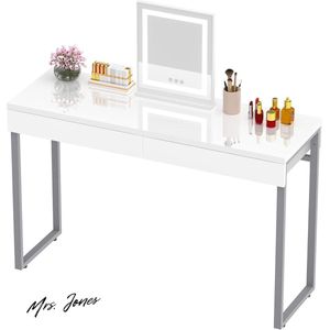 Mrs. Jones Dressing Desk 2 Ladens Glanzend Wit 100 x 40 cm Moderne Home Office Computer Desk Make-up Vanity Console Tafel Metalen Zilveren Benen Kleine Ruimten Slaapkamer Meubels .