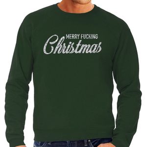 Foute Kersttrui / sweater - Merry Fucking Christmas - zilver / glitter - groen - heren - kerstkleding / kerst outfit L