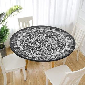 Rond tafelkleed - Mandala patroon - Waterdicht en vlekbestendig - Voor thuis, feest, keuken, eetkamer - Zwart grijs - Diameter 120cm