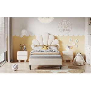 Gestoffeerd bed 90 x 200 cm - bedframe met bloemvormig hoofdeinde - lattenbodem in huidvriendelijke fluwelen stof -beige