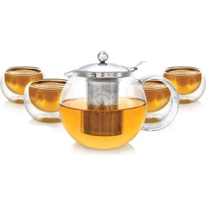 Theeset - Hittebestendig + Loodvrije Glazen Theepot Ketel (1200 ml) met verwijderbaar roestvrijstalen filter voor losse thee - Inclusief 4 dubbelwandige geïsoleerde glazen kopjes (150 ml)