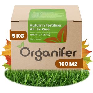 Najaarsmest All-In-One (5kg, 100m2) - Rijk aan Kalium - Gazonmest Najaar - Gazonsmeststof - Organische Meststof - Najaarsmest - Verhoogt de Weerstand van het Gazon tegen Vorst, Droogte, Ziektes en Betreding - Organifer