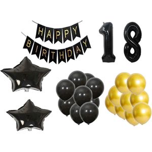 18 Jaar Zwart & Goud Verjaardag Decoratie Versiering - 25 delig - Ballonnen
