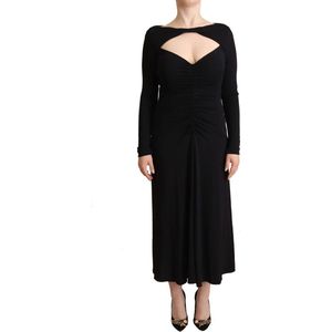 Zwarte nylon stretch maxi-jurk met lange mouwen en diepe V-hals