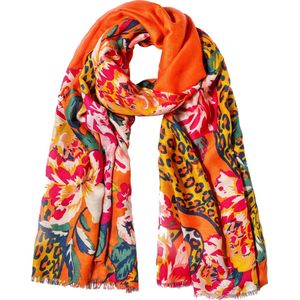 Nouka Oranje / Geel / Rood Multicolor Dames Sjaal – Panterprint & Bloemenprint - Dunne & Lichte Sjaal - Luchtige Shawl – Lente / Zomer – 90 x 180 cm