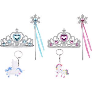 Het Betere Merk - Prinsessen Speelgoed Meisje - Prinses accessoireset - 2 x Kroon (Tiara) - 2 x Toverstaf - Unicorn Hanger - Voor bij je Verkleedkleding - Roze - Blauw