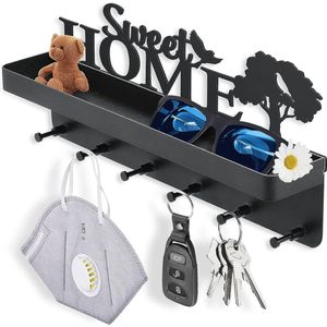 Sweet Home Sleutelrek met plank, zelfklevend sleutelbord, 6 haken, decoratieve sleutelhouder, ophanging, wooncultuur voor entree, mudroom, hal, keuken, kantoorpatent