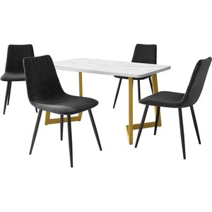 Merax Eettafel en Stoel Set (1+4) - Gouden Tafelpoten met 4 Zwarte Velours Stoelen - Modern Marmor MDF Eettafel