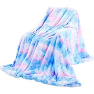 Regenboog lamswol dubbelzijdige knuffeldeken, 160 cm x 200 cm hoge kwaliteit kleurdesign pluizige woondeken, zacht warm microvezel kunstbont fleece deken sofadeken dekbed blauw