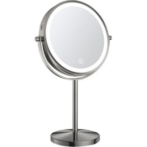 Make-up spiegel staand 10x vergrotend met dimbare LED verlichting gun metal