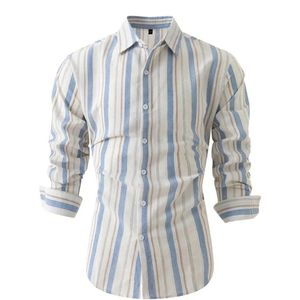Livano Linnen Blouse Heren - t shirt - Polo - Overhemd - Shirt - Zomer - Ibiza Stijl - Blauw - Maat M