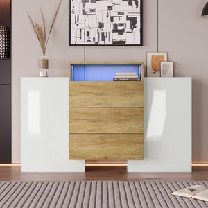 Sweiko Sideboard, moderne commode, kast 140cm, glanzend wit en hout kleur, veelkleurige LED lichteffecten. Stijlvolle opbergoplossing