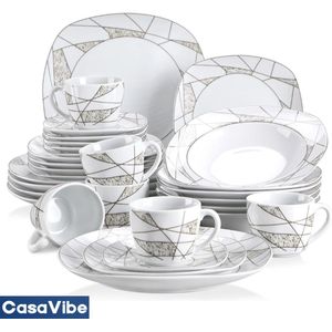 CasaVibe Serviesset – 30 delig – 6 persoons – Keramiek - Luxe – Bordenset – Dinnerborden – Dessertborden - Wit met Print