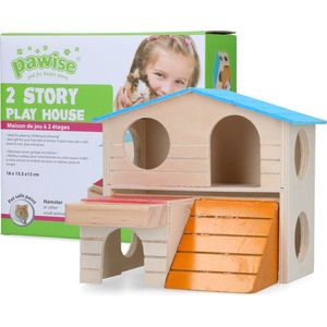 Pawise Colorful 2 story house – Om te spelen, te rusten of aan te knagen – Geschikt voor kleine knaagdieren – Speelhuisje voor knaagdieren – Hout – 2 verdiepingen – H16xL17xB9cm