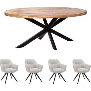 Zita Home Combi Voordeel - Eettafel 190cm + set van 4 stoelen - Mangohout - Ovale eettafel - set van 4 antraciete draaibare stoel