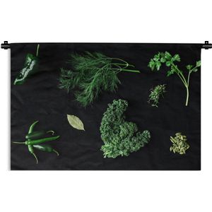 Wandkleed Kruiden en Specerijen - Specerijen en kruiden op zwarte achtergrond Wandkleed katoen 90x60 cm - Wandtapijt met foto