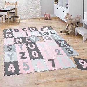 Puzzelkleed Speelkleed Kinder Kleed Cijfers Hoofdletters Pastel 36 Puzzelstukjes, Maat:32x32 cm x 36 stuks, Kleur:Roze