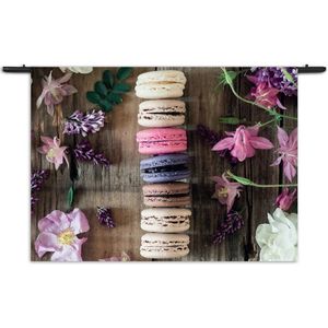 Velours Wandkleed Macarons op Bloemen Tafel Rechthoek Horizontaal XL (105 X 150 CM) - Wandkleden - Met roedes