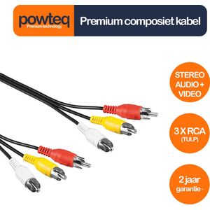 Powteq - 5 meter premium composiet audio/video kabel - 3x RCA / 3x tulp - Stereo audio + video